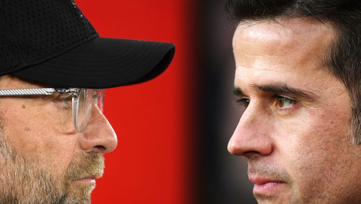 FILE PHOTO (EDITORS NOTE: COMPOSITE OF IMAGES - Image numbers 1140640499,1075101536 - GRADIENT ADDED) In this composite image a comparison has been made between Jurgen Klopp, Manager of Liverpool (L) and Everton manager Marco Silva. Liverpool and Everton will meet in the Merseyside Derby on December 4,2019 in Liverpool,England. ***LEFT IMAGE*** SOUTHAMPTON, ENGLAND - APRIL 05: Jurgen Klopp, Manager of Liverpool looks on prior to the Premier League match between Southampton FC and Liverpool FC at St Mary's Stadium on April 05, 2019 in Southampton, United Kingdom. (Photo by Mike Hewitt/Getty Images) ***RIGHT IMAGE*** BURNLEY, ENGLAND - DECEMBER 26: Everton manager Marco Silva looks on from the touchline during the Premier League match between Burnley FC and Everton FC at Turf Moor on December 26, 2018 in Burnley, United Kingdom. (Photo by Stu Forster/Getty Images) FILE PHOTO (EDITORS NOTE: COMPOSITE OF IMAGES - Image numbers 1140640499,1075101536 - GRADIENT ADDED) In this composite image a comparison has been made between Jurgen Klopp, Manager of Liverpool (L) and Everton manager Marco Silva. Liverpool and Everton will meet in the Merseyside Derby on December 4,2019 in Liverpool,England. ***LEFT IMAGE*** SOUTHAMPTON, ENGLAND - APRIL 05: Jurgen Klopp, Manager of Liverpool looks on prior to the Premier League match between Southampton FC and Liverpool FC at St Mary's Stadium on April 05, 2019 in Southampton, United Kingdom. (Photo by Mike Hewitt/Getty Images) ***RIGHT IMAGE*** BURNLEY, ENGLAND - DECEMBER 26: Everton manager Marco Silva looks on from the touchline during the Premier League match between Burnley FC and Everton FC at Turf Moor on December 26, 2018 in Burnley, United Kingdom. (Photo by Stu Forster/Getty Images)