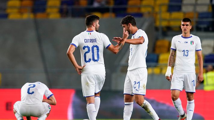 DUNAJSKA STREDA, SLOVAKIA - SEPTEMBER 6: Davide Calabria, Patrick Cutrone, Manuel Locatelli and Gianluca Mancini of Italy during the International Friendly match between Slovakia U21 v Italy U21 at Stadion Mol Arena on September 6, 2018 in Dunajska Streda, Slovakia. (Photo by Josef Bollwein - Sepa Media/Bongarts/Getty Images) DUNAJSKA STREDA, SLOVAKIA - SEPTEMBER 6: Davide Calabria, Patrick Cutrone, Manuel Locatelli and Gianluca Mancini of Italy during the International Friendly match between Slovakia U21 v Italy U21 at Stadion Mol Arena on September 6, 2018 in Dunajska Streda, Slovakia. (Photo by Josef Bollwein - Sepa Media/Bongarts/Getty Images)