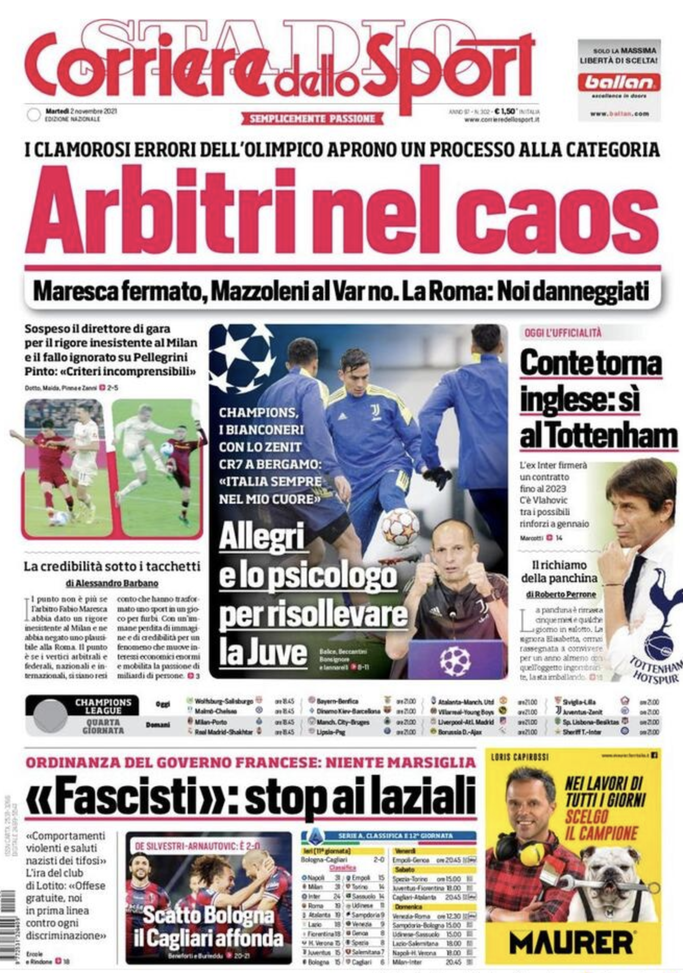 Prima Pagina, Corriere dello Sport: “Arbitri nel caos. Conte torna inglese”