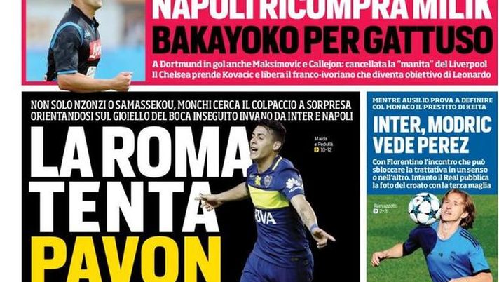 Prima Pagina, Corriere dello Sport: “La Roma tenta Pavon. Napoli ricompra Milik, Bakayoko per Gattuso…” 