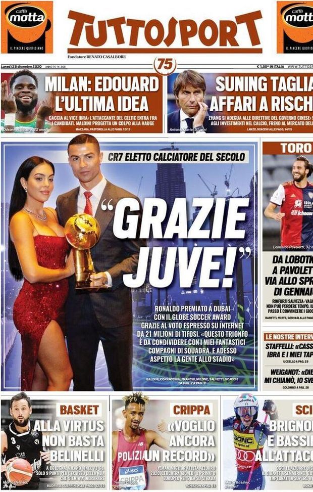  Tuttosport, la prima pagina di oggi, lunedì 28 dicembre 2020 
