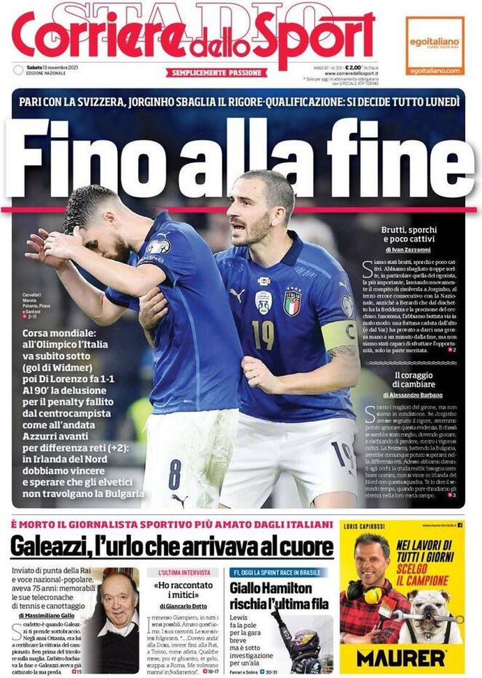 Prima Pagina, Corriere dello Sport: “Fino alla fine! Italia, pari con la Svizzera” - immagine 1