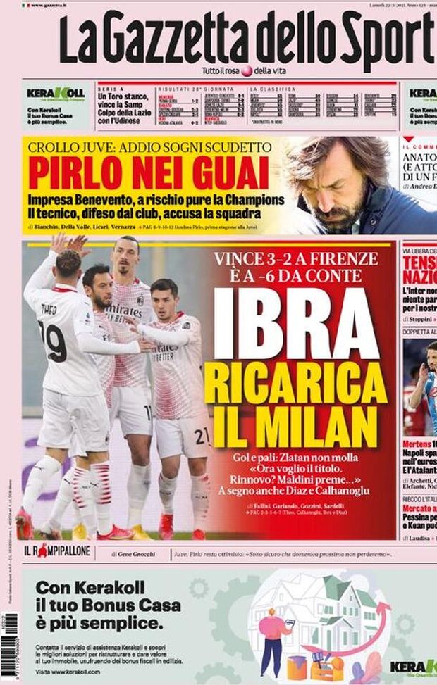 La Gazzetta dello Sport, la prima pagina di oggi, lunedì 22 marzo 2021 La Gazzetta dello Sport, la prima pagina di oggi, lunedì 22 marzo 2021