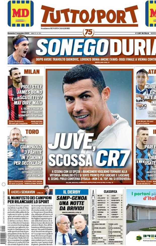 Tuttosport, la prima pagina di oggi, domenica 1° novembre 2020 