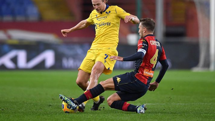 GENOA, ITALY - FEBRUARY 20:  Domenico Criscito (R) of Genoa CFC tackles Antonin Barak of Hellas Verona FC during the Serie A match between Genoa CFC and Hellas Verona FC at Stadio Luigi Ferraris on February 20, 2021 in Genoa, Italy.  (Photo by Valerio Pennicino/Getty Images) 