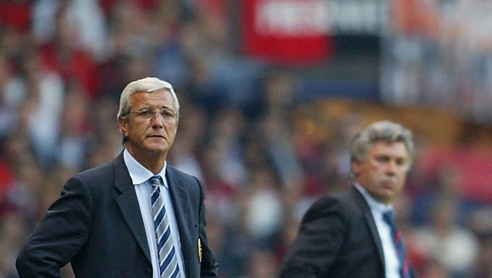 Marcello Lippi e Carlo Ancelotti a Manchester, finale di Champions League 2003 (credits: Getty Images) 
