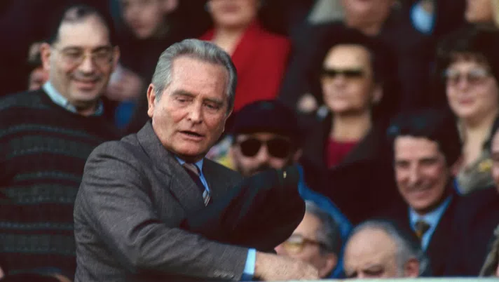 TURIN, ITALY: Juventus president Giampiero Boniperti in stadium grandstand on 1980's in Turin, Italy. (Photo by Juventus FC - Archive/Juventus FC via Getty Images)