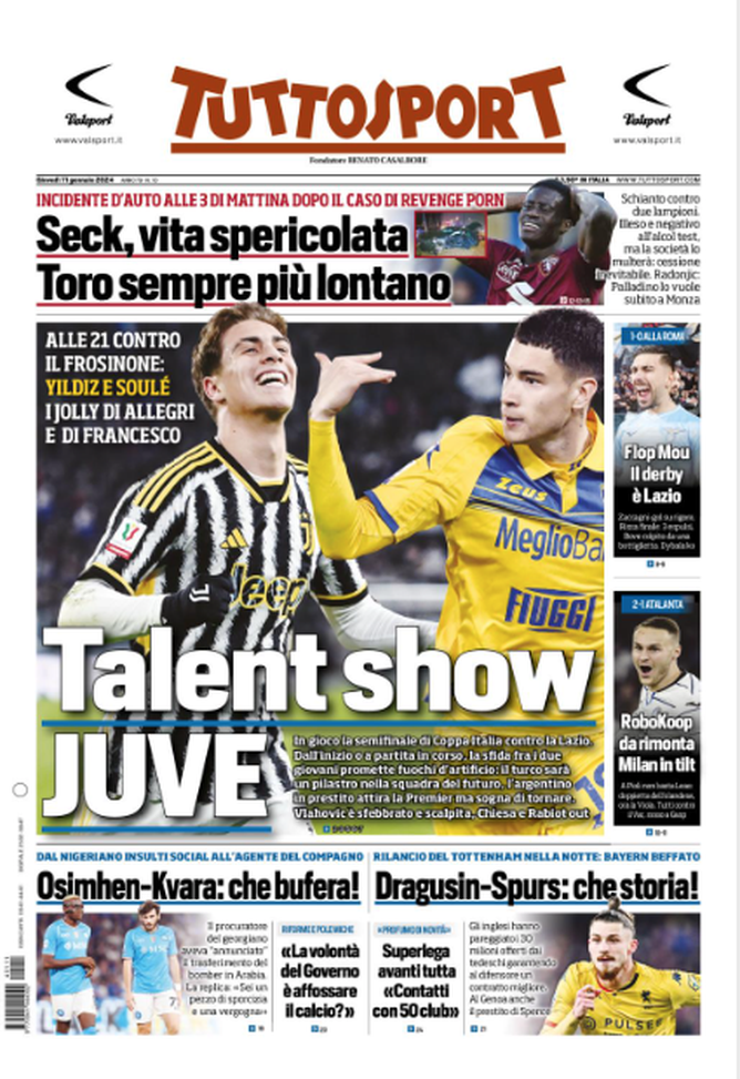La prima pagina di Tuttosport 11-01-2024