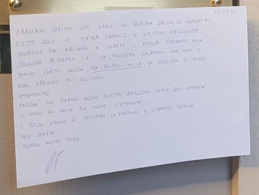 Bremer-Juventus: il messaggio di un tifoso lasciato nella sede del Torino- immagine 2