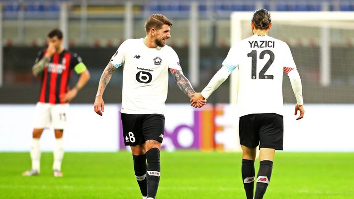 Xeka e Yusuf Yazici (centrocampisti Lille) esultano per il gol del turco in Milan-Lille (Europa League (2020-2021) | AC Milan News (Getty Images) 
