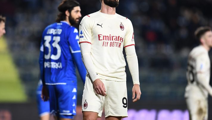 EMPOLI, ITALY - DECEMBER 22: Olivier Giroud of AC Milan reacts during the Serie A match between Empoli FC and AC Milan at Stadio Carlo Castellani on December 22, 2021 in Empoli, Italy. (Photo by Claudio Villa/AC Milan via Getty Images) EMPOLI, ITALY - DECEMBER 22: Olivier Giroud of AC Milan reacts during the Serie A match between Empoli FC and AC Milan at Stadio Carlo Castellani on December 22, 2021 in Empoli, Italy. (Photo by Claudio Villa/AC Milan via Getty Images)