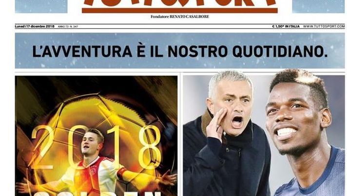 Prima Pagina, Tuttosport: &#8220;Mou-Pogba, subito addio. Golden Boy: Matthijs De Ligt. Gioiello Milik&#8230;&#8221; 