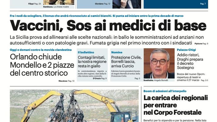 Prima Pagina, Giornale di Sicilia: “Vaccini, Sos ai medici di base. Orlando chiude Mondello e 2 piazze”  Prima Pagina, Giornale di Sicilia: “Vaccini, Sos ai medici di base. Orlando chiude Mondello e 2 piazze”