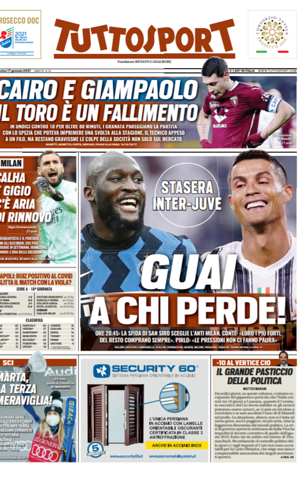 Prima Pagina, Tuttosport: “Inter-Juve, guai a chi perde! Il Toro è un fallimento” 