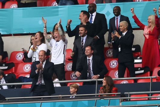 LONDON, ENGLAND - JUNE 29: Prince William, President of the Football Association and Prince George along with Catherine, Duchess of Cambridge celebrate during the UEFA Euro 2020 Championship Round of 16 match between England and Germany at Wembley Stadium on June 29, 2021 in London, England. (Photo by Carl Recine - Pool/Getty Images) LONDON, ENGLAND - JUNE 29: Prince William, President of the Football Association and Prince George along with Catherine, Duchess of Cambridge celebrate during the UEFA Euro 2020 Championship Round of 16 match between England and Germany at Wembley Stadium on June 29, 2021 in London, England. (Photo by Carl Recine - Pool/Getty Images)