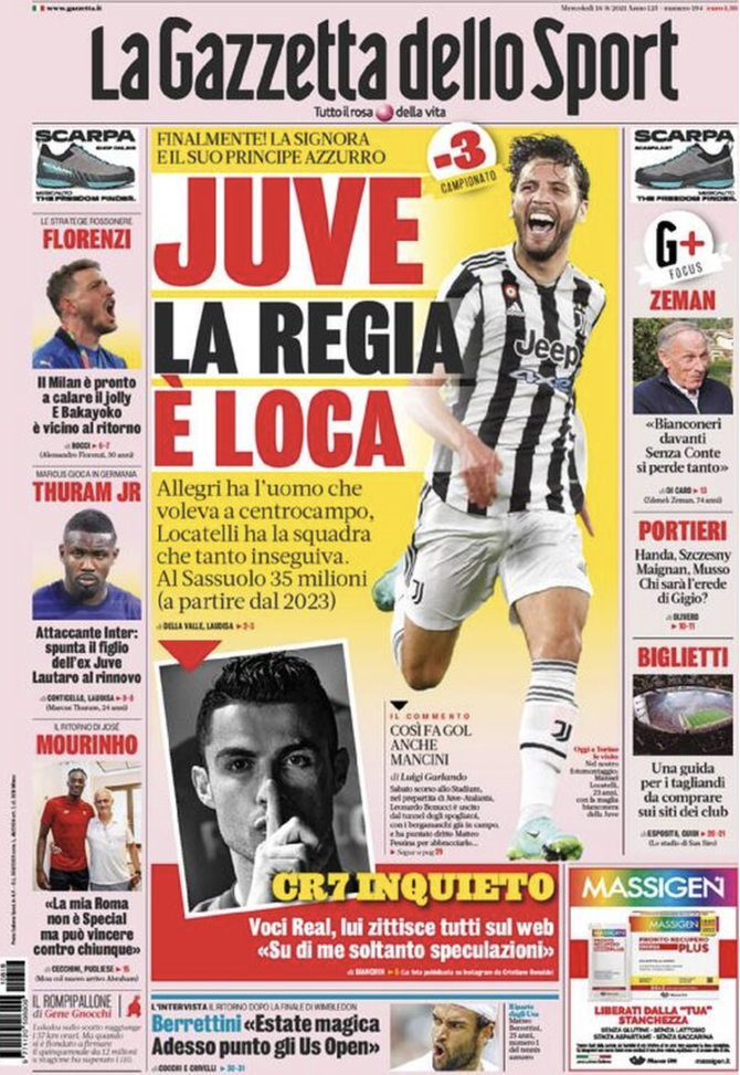 Prima Pagina, Gazzetta dello Sport: &#8220;Juventus, la regia è Loca. CR7 inquieto&#8221; 