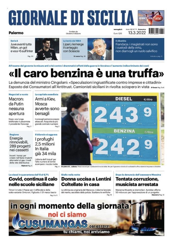 Prima Pagina, Giornale di Sicilia: “Il caro benzina è una truffa”  Prima Pagina, Giornale di Sicilia: “Il caro benzina è una truffa” - immagine 1