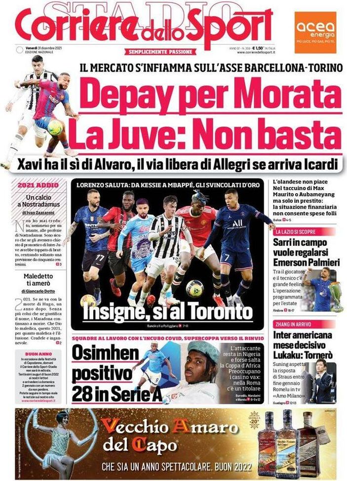 Prima Pagina, Corriere dello Sport: “Insigne, sì al Toronto. Depay per Morata”  Prima Pagina