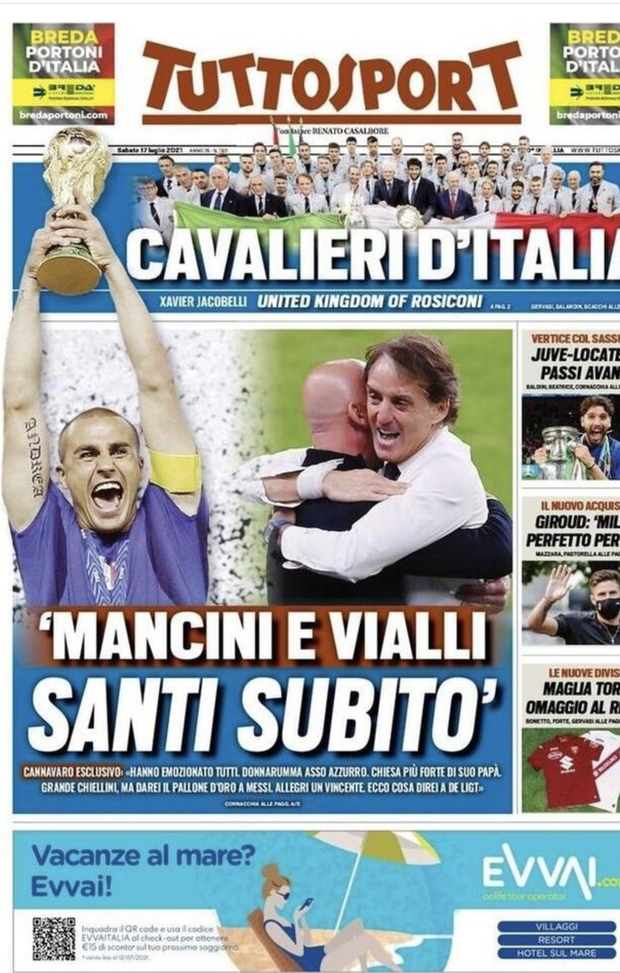 Prima Pagina, Tuttosport: “Mancini e Vialli santi subito. Cavalieri d’Italia” 