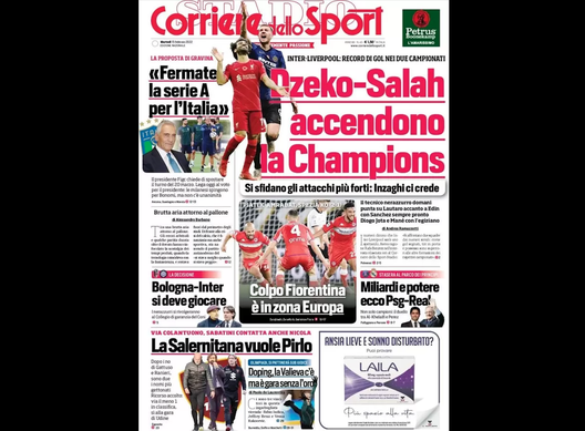 Prima Pagina, Corriere dello Sport: “La Salernitana vuole Pirlo. Dzeko-Salah…” Prima Pagina