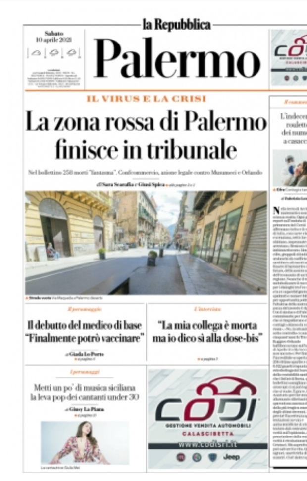 Prima Pagina, La Repubblica Palermo: “La zona rossa di Palermo finisce in tribunale”  Prima Pagina, La Repubblica Palermo: “La zona rossa di Palermo finisce in tribunale”