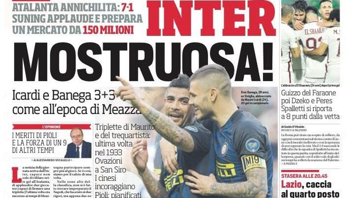 Prima Pagina, Corriere dello Sport: “Inter mostruosa! La Roma s’accende, travolto il Palermo” 