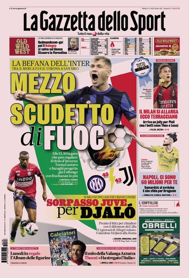 La prima pagina de La Gazzetta dello Sport 06-01-2024