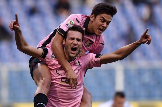 GENOA, ITALY - JANUARY 25: Franco Vazquez of Palermo celebrates with Paulo Dybala after scoring the equalizing goal (1-1) during the Serie A match between UC Sampdoria and US Citta di Palermo at Stadio Luigi Ferraris on January 25, 2015 in Genoa, Italy. (Photo by Tullio M. Puglia/Getty Images) GENOA, ITALY - JANUARY 25: Franco Vazquez of Palermo celebrates with Paulo Dybala after scoring the equalizing goal (1-1) during the Serie A match between UC Sampdoria and US Citta di Palermo at Stadio Luigi Ferraris on January 25, 2015 in Genoa, Italy. (Photo by Tullio M. Puglia/Getty Images)