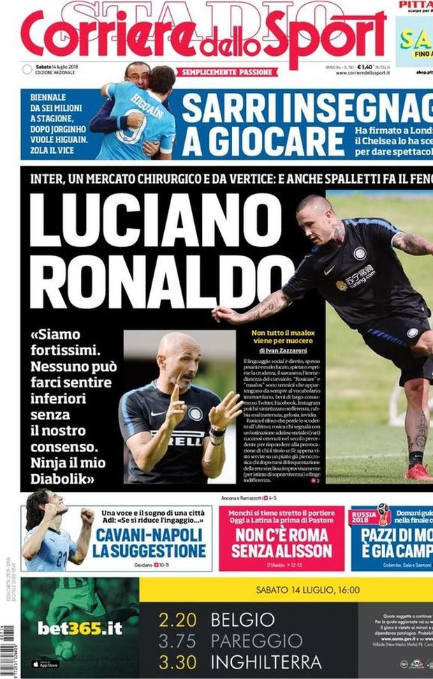 Prima Pagina, Corriere dello Sport: “Luciano Ronaldo. Sarri insegnagli a giocare. Cavani-Napoli, la suggestione. Pazzi di Modric…” Prima Pagina, Corriere dello Sport: “Luciano Ronaldo. Sarri insegnagli a giocare. Cavani-Napoli, la suggestione. Pazzi di Modric…”