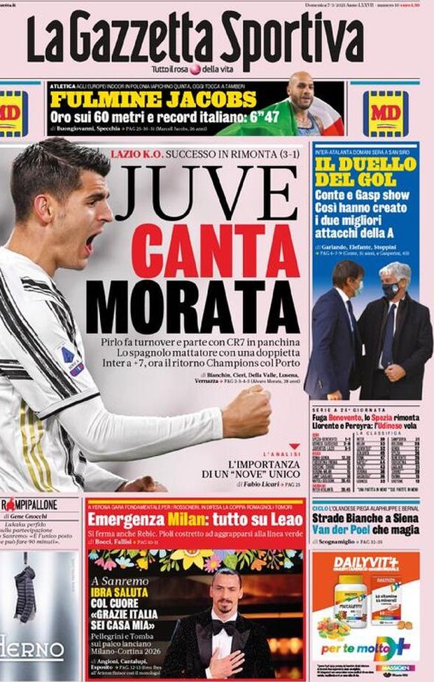  La Gazzetta dello Sport, la prima pagina di oggi, domenica 7 marzo 2021 
