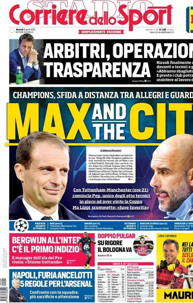 Prima Pagina, Corriere dello Sport: “Max and the City. Arbitri, operazione trasparenza. Furia Ancelotti” Prima Pagina, Corriere dello Sport: “Max and the City. Arbitri, operazione trasparenza. Furia Ancelotti”