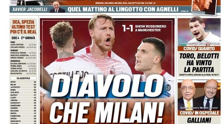 Prima Pagina, Tuttosport: “Diavolo che Milan! Show rossonero a Manchester. Roma super”  Prima Pagina, Tuttosport: “Diavolo che Milan! Show rossonero a Manchester. Roma super”