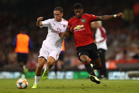 Confronto tra Calabria del Milan e Rashford del Manchester Utd durante la ICC 2020 Confronto tra Calabria del Milan e Rashford del Manchester Utd durante la ICC 2020