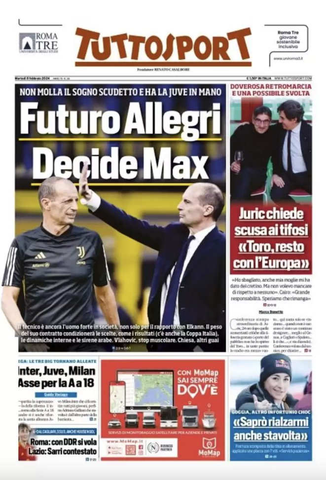 EDICOLA TS – Futuro Allegri: decide Max. Inter, Juve, Milan: asse per la A a 18 - immagine 1