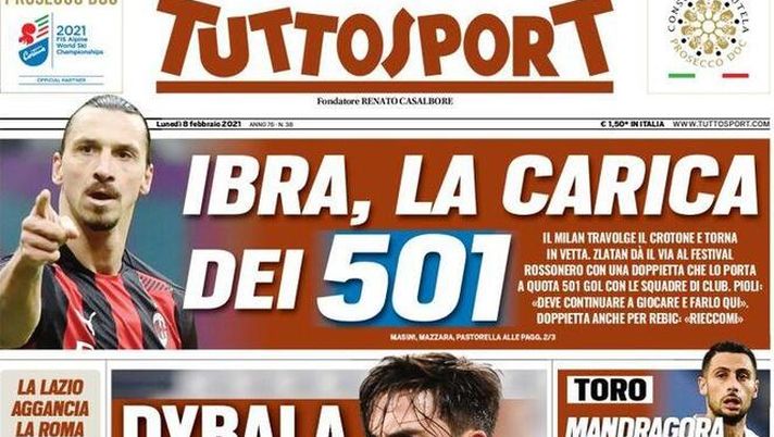 Prima pagina, Tuttosport: “Ibra, la carica dei 501. Dybala, bonus Scudetto” Prima pagina, Tuttosport: “Ibra, la carica dei 501. Dybala, bonus Scudetto”