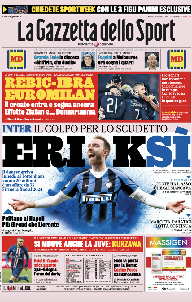 LE PRIME PAGINE DEI QUOTIDIANI SPORTIVI DEL 25.1