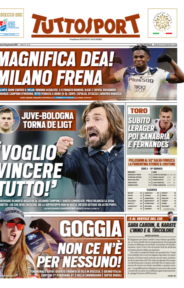 Prima Pagina, Tuttosport: &#8220;Magnifica Dea, Milano frena! Juvw-Bologna, torna De Ligt&#8221; 