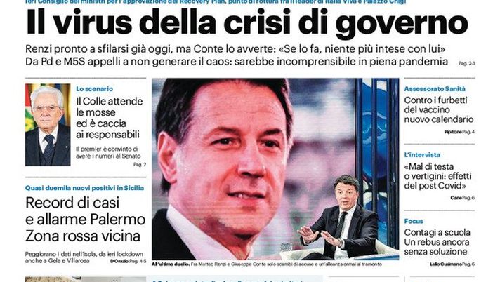 Prima Pagina, Giornale di Sicilia: &#8220;Il virus della crisi di governo. Record di casi a Palermo, zona rossa vicina&#8221; 
