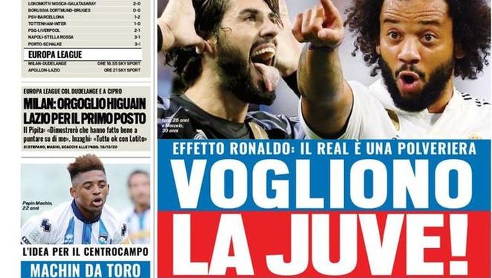Prima Pagina, Tuttosport: &#8220;Vogliono la Juve! Inter, che peccato. Il Napoli dà spettacolo. Orgoglio Higuain&#8230;&#8221; 