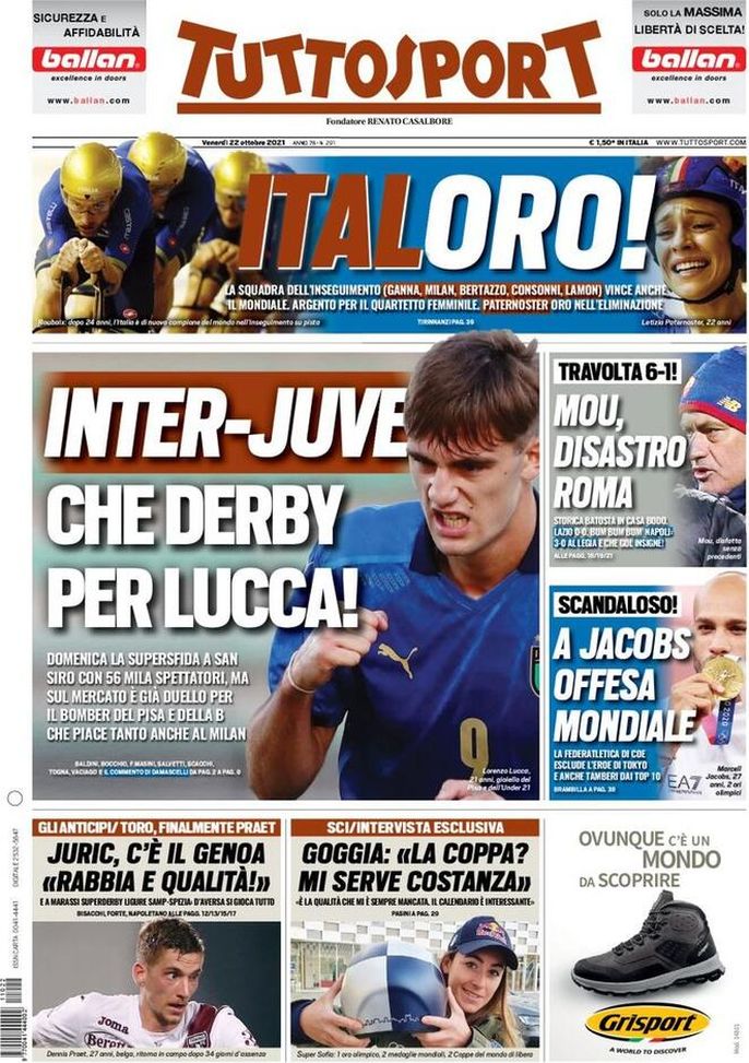 EDICOLA TS /Inter-Juve, che derby per Lucca! Mou, disastro Roma EDICOLA TS /Inter-Juve, che derby per Lucca! Mou, disastro Roma - immagine 1