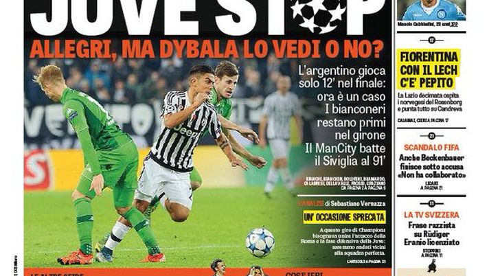 Prima Pagina, La Gazzetta dello Sport: “Juve stop. Allegri, ma Dybala lo vedi o no? Europa League, Napoli con Gabbiadini. Fiorentina, c’è Pepito. Lazio, tutto su Candreva”  Prima Pagina, La Gazzetta dello Sport: “Juve stop. Allegri, ma Dybala lo vedi o no? Europa League, Napoli con Gabbiadini. Fiorentina, c’è Pepito. Lazio, tutto su Candreva”