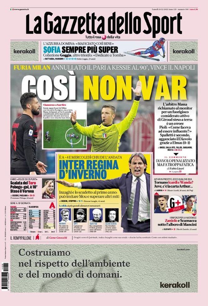 Prima Pagina, La Gazzetta dello Sport: “Così non Var. Inter regina d’inverno” Prima Pagina, La Gazzetta dello Sport: “Così non Var. Inter regina d’inverno” - immagine 1