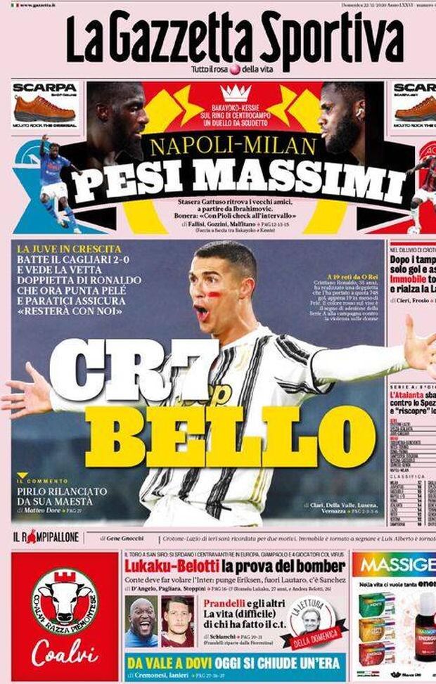  La prima pagina de 'La Gazzetta dello Sport' in edicola oggi 22 novembre 2020 