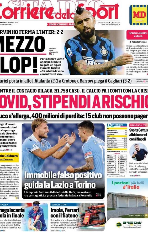 Corriere dello Sport, la prima pagina di oggi, domenica 1° novembre 2020 