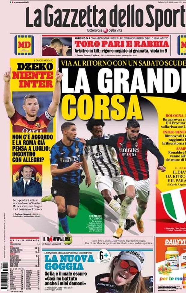 Prima Pagina, La Gazzetta dello Sport: “La grande corsa. Dzeko, niente Inter. Roma, incontro con Allegri?” 