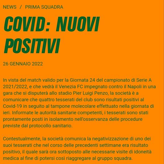 Venezia, altri quattro tesserati positivi al Covid: c’è anche un guarito- immagine 2