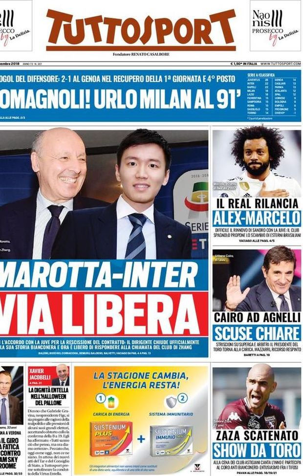 Prima Pagina, Tuttosport: “Marotta-Inter, via libera. Romagnoli! Urlo Milan. Il Real rilancia: Alex-Marcelo…” Prima Pagina, Tuttosport: “Marotta-Inter, via libera. Romagnoli! Urlo Milan. Il Real rilancia: Alex-Marcelo…”