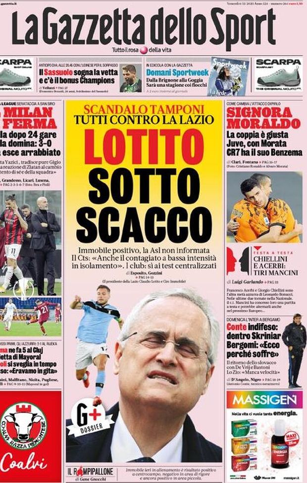  La prima pagine de 'La Gazzetta dello Sport' di oggi, 6 novembre 2020 