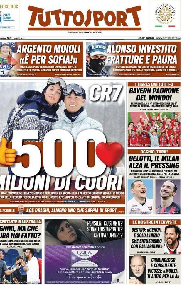 Prima pagina, Tuttosport: “CR7, 500 milioni di cuori. Belotti, il Milan alza il pressing” 