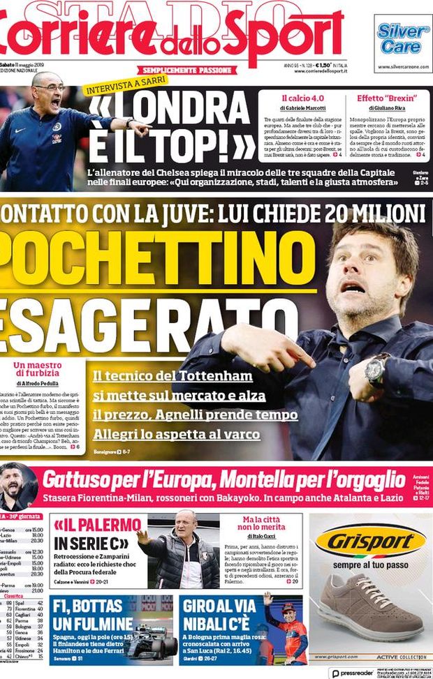 Prima Pagina, Corriere dello Sport: “Pochettino esagerato. Palermo in Serie C e Zamparini radiato” Prima Pagina, Corriere dello Sport: “Pochettino esagerato. Palermo in Serie C e Zamparini radiato”